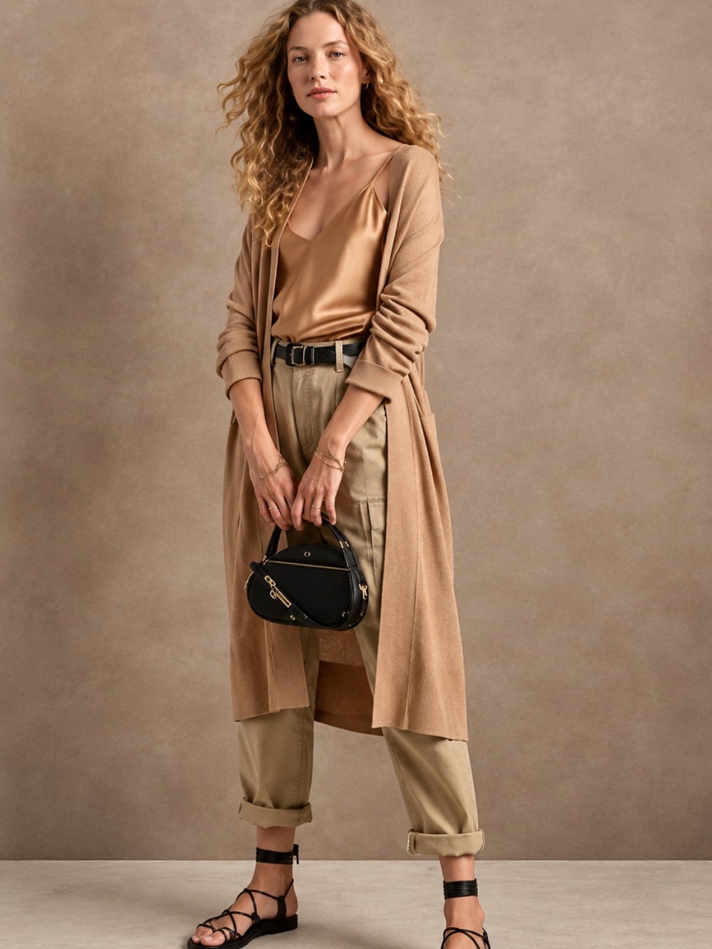 Banana Republic Knit Open Front Full Length Cardigan Sweater Neutral Tan Small